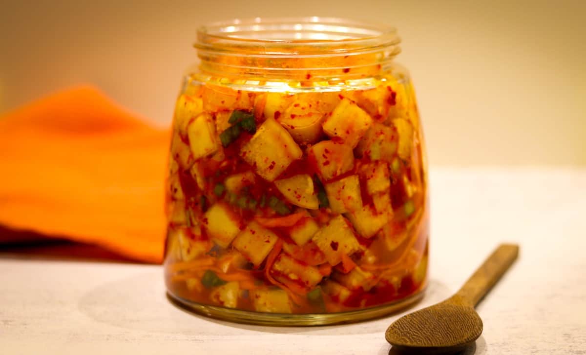 Vegan radish kimchi in a jar