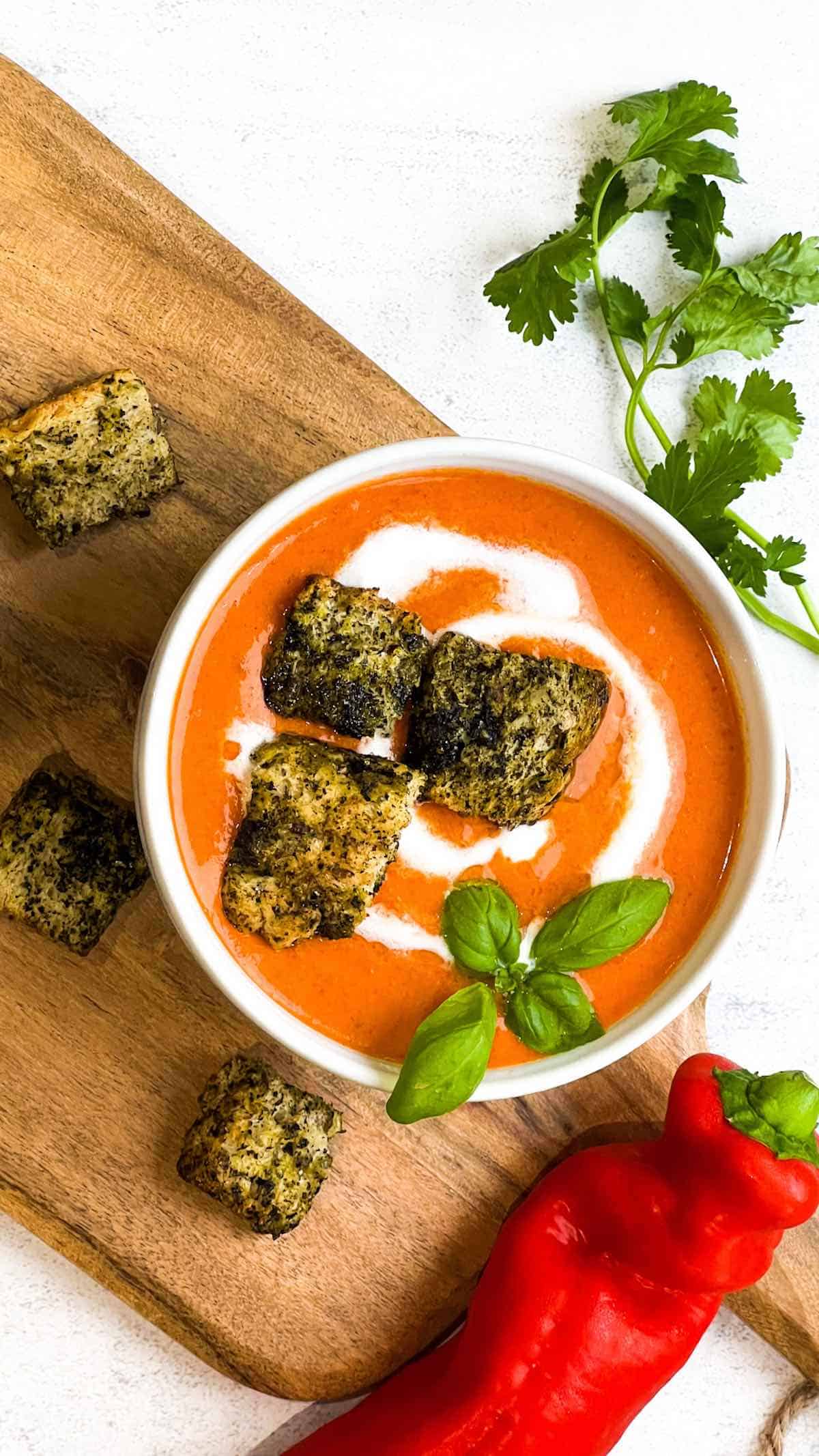 Rich and comforting roasted red pepper soup with nori croutons