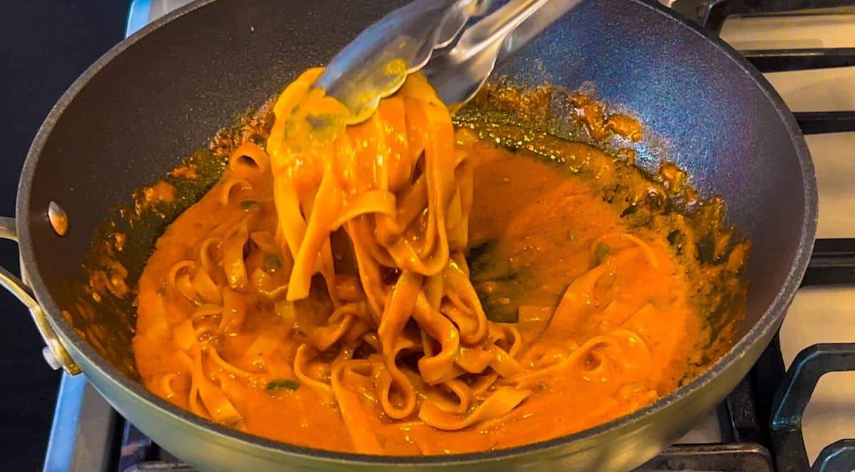 Saucy Gochujang pasta in a pan