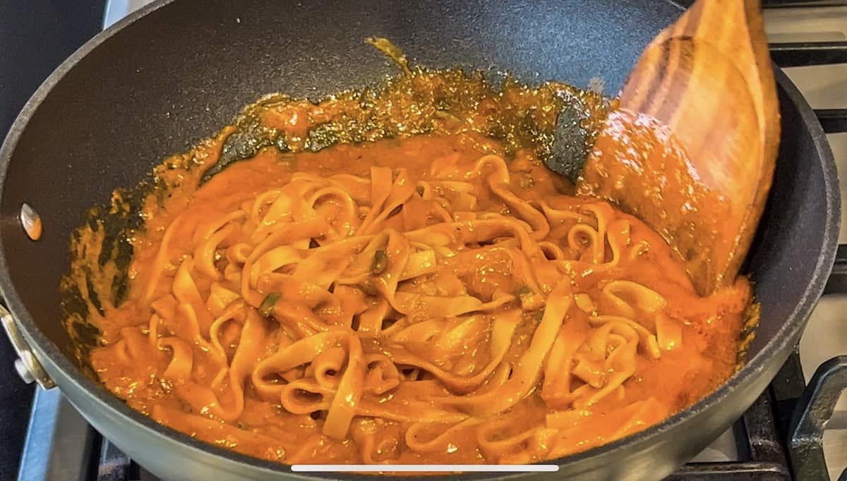 Gochujang pasta in a pan