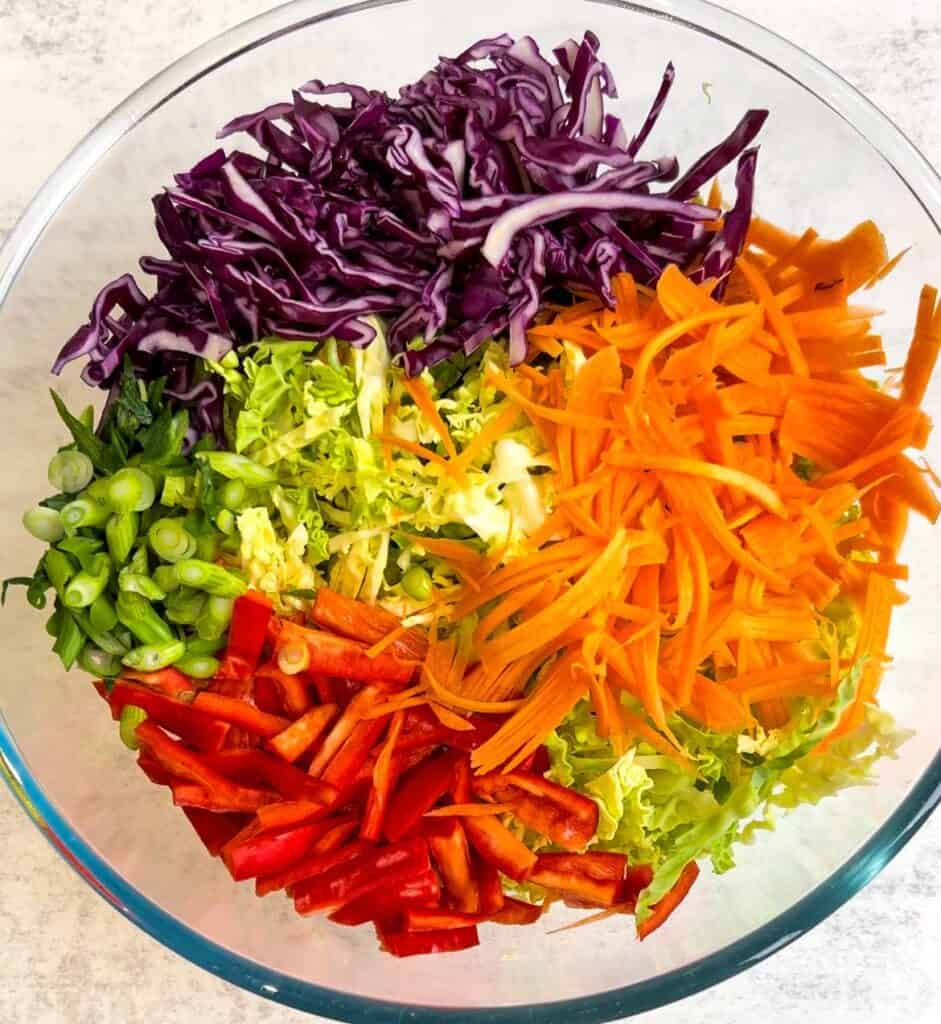 All vegetables for the Ultimate Asian Cabbage Salad with Creamy Soy Ginger Dressing